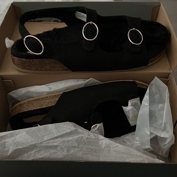 LOFT Sherpa open toe double buckle sandals black new Sz 10 1/2 sling back - Picture 6 of 7